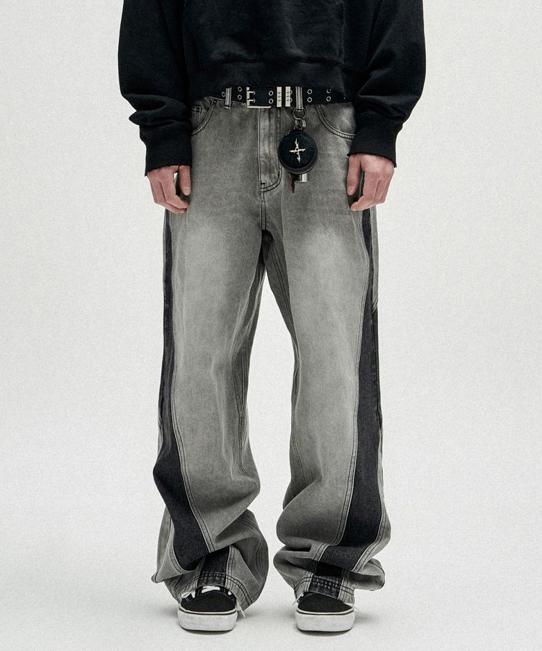 Two Tone Curved Denim Pants - Black