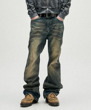 Warped Seam Flare Fit Denim Pants - Deep Blue