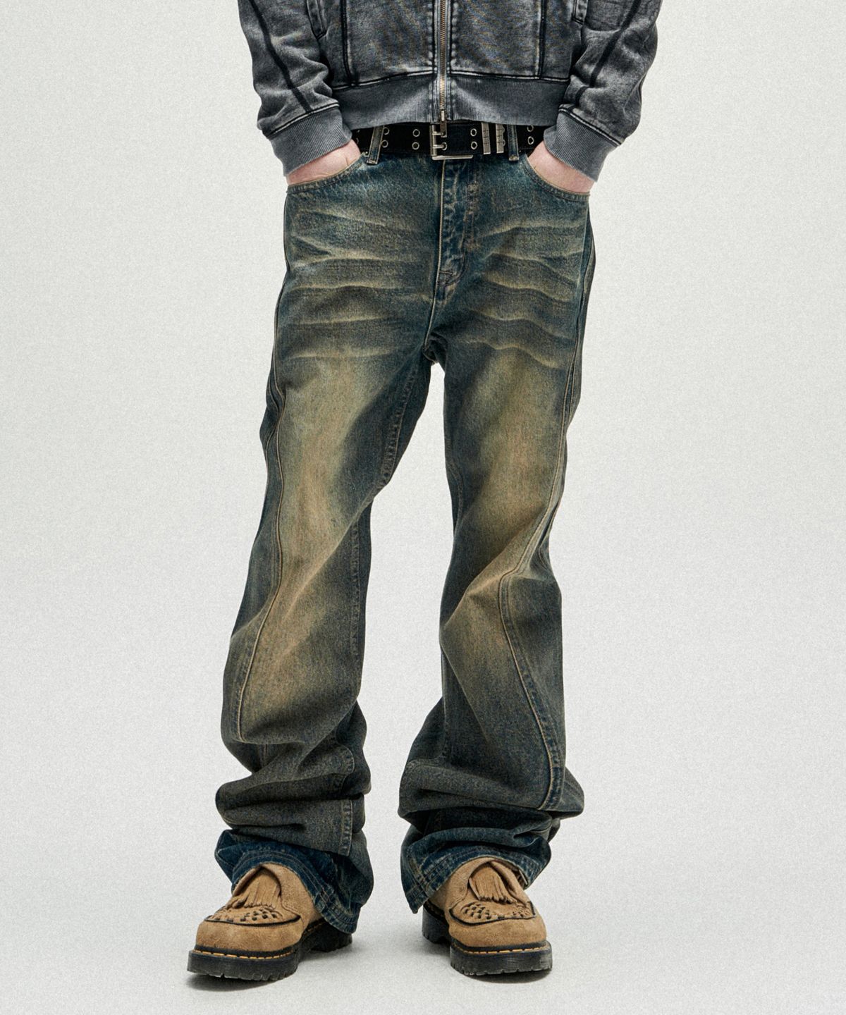 낫포너드(NOT4NERD) Warped Seam Flare Fit Denim Pants - Deep Blue