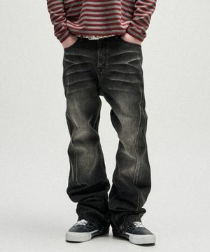 Warped Seam Flare Fit Denim Pants - Black