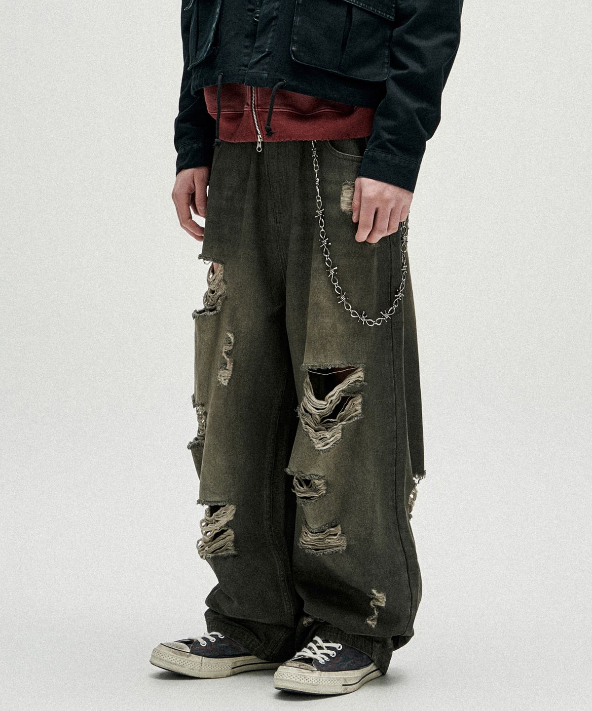 낫포너드(NOT4NERD) Hidden Symbol Distressed Denim Pants - Khaki