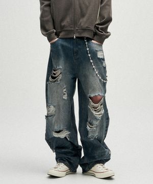 Hidden Symbol Distressed Denim Pants - Deep Blue