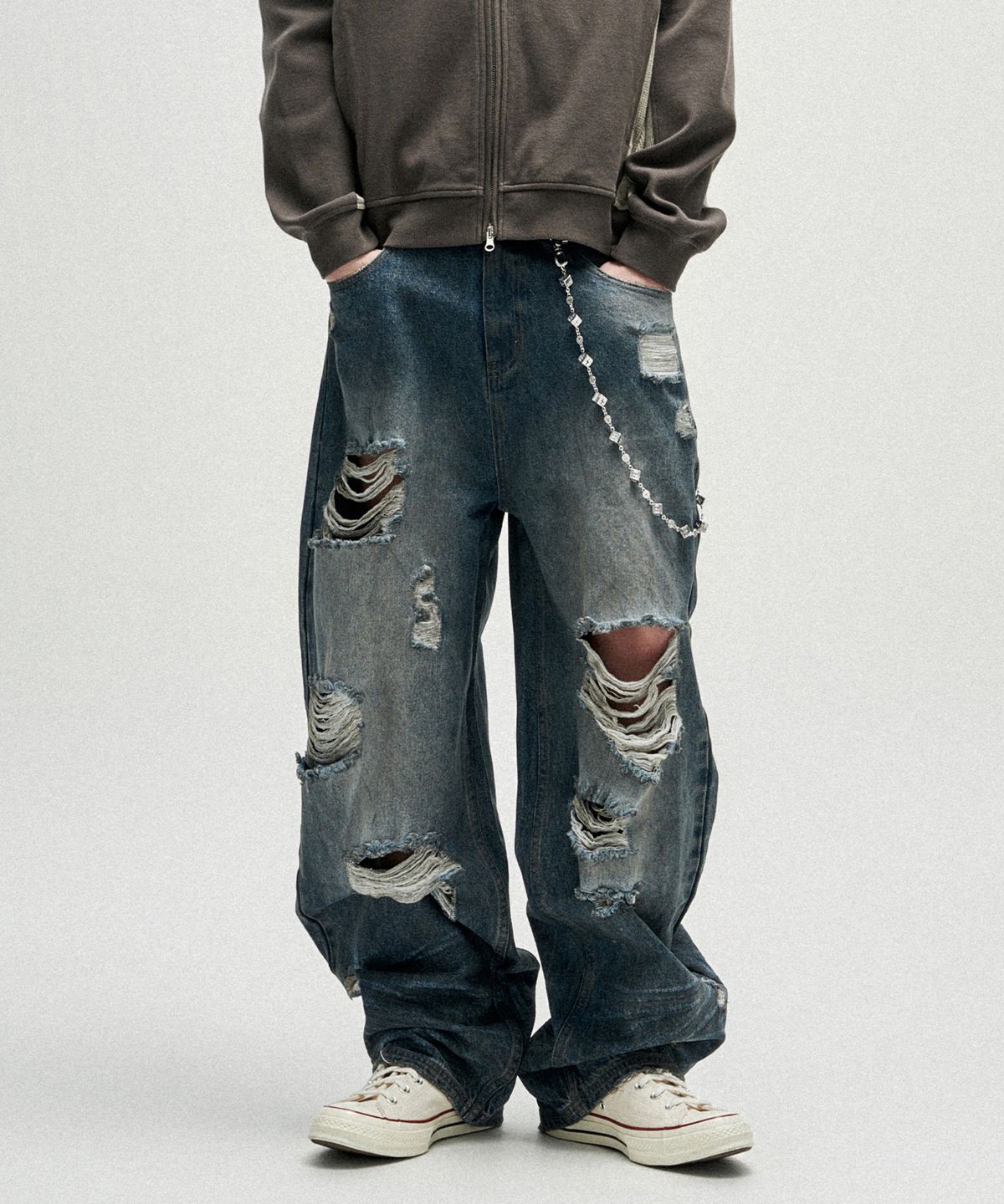 낫포너드(NOT4NERD) Hidden Symbol Distressed Denim Pants - Deep Blue