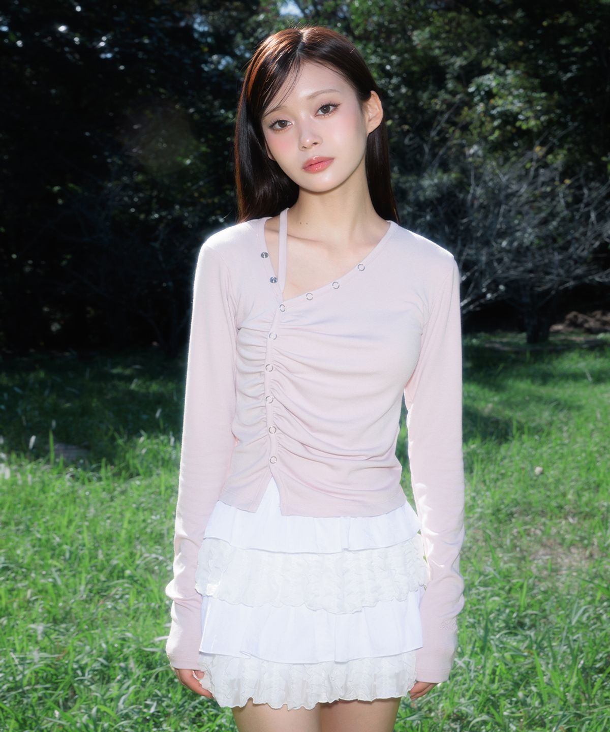 로제프란츠(ROSEFRANTZ) Unbalanced Shirring Long Sleeve [Pink]