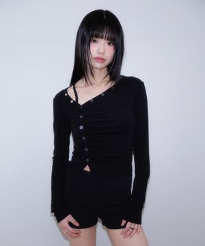 Unbalanced Shirring Long Sleeve [Black]