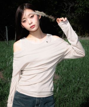 Layered Shirring Long Sleeve [Beige]