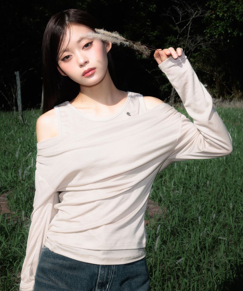 Layered Shirring Long Sleeve [Beige]