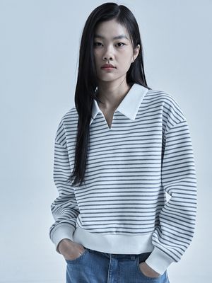 여성 더블니트 슬릿 카라 스트라이프 맨투맨_PHG2TR2030