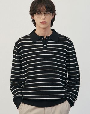 이지온 세미 오버핏 스트라이프 카라 니트 [블랙]