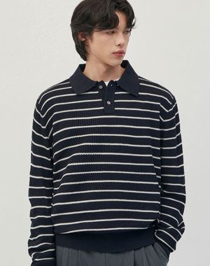 이지온 세미 오버핏 스트라이프 카라 니트 [네이비]