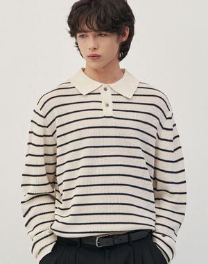 이지온 세미 오버핏 스트라이프 카라 니트 [아이보리]
