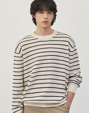 이지온 세미 오버핏 스트라이프 라운드넥 니트 [아이보리]