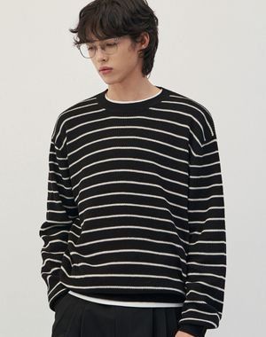 이지온 세미 오버핏 스트라이프 라운드넥 니트 [블랙]