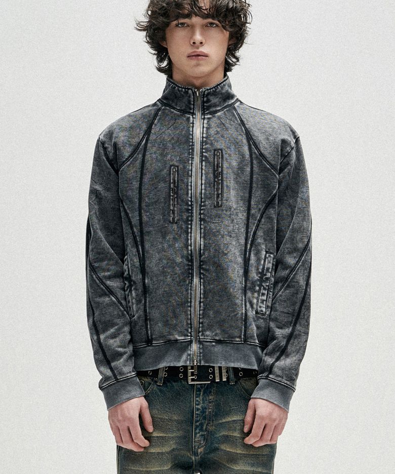 Tie Dye Incision High Neck Zip Up - Black