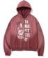 Distressed Half Slogans Hood Zip Up - Red
