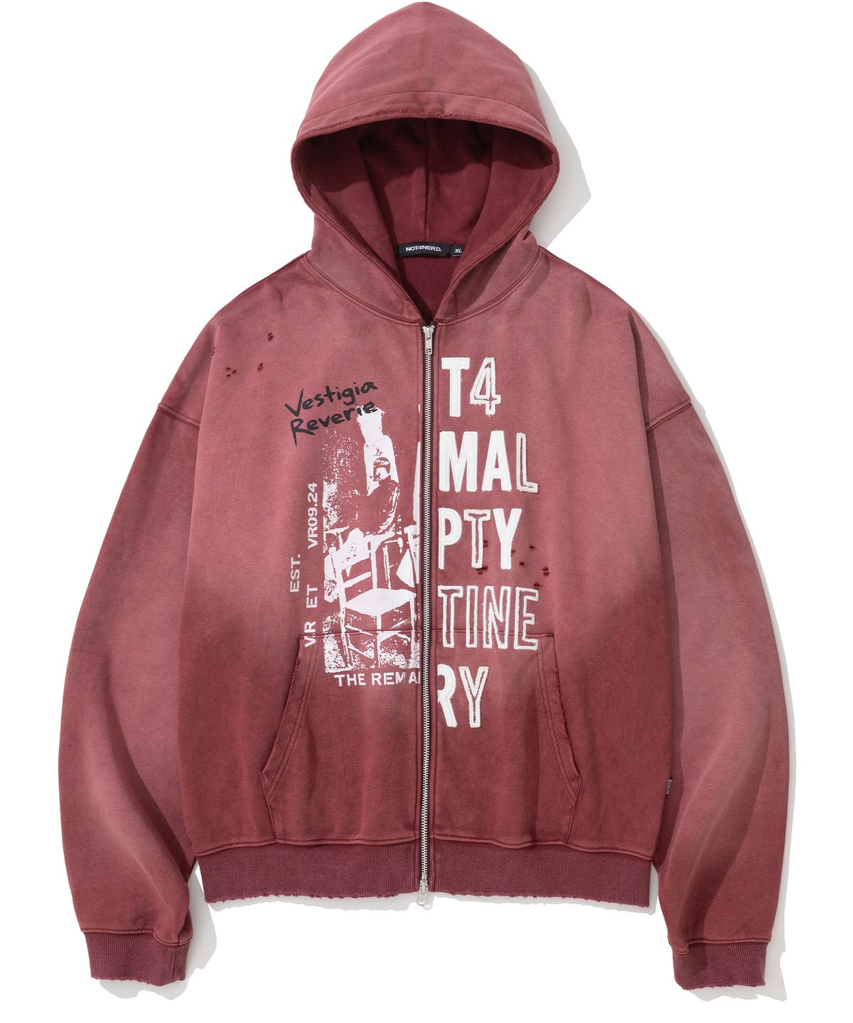 낫포너드(NOT4NERD) Distressed Half Slogans Hood Zip Up - Red