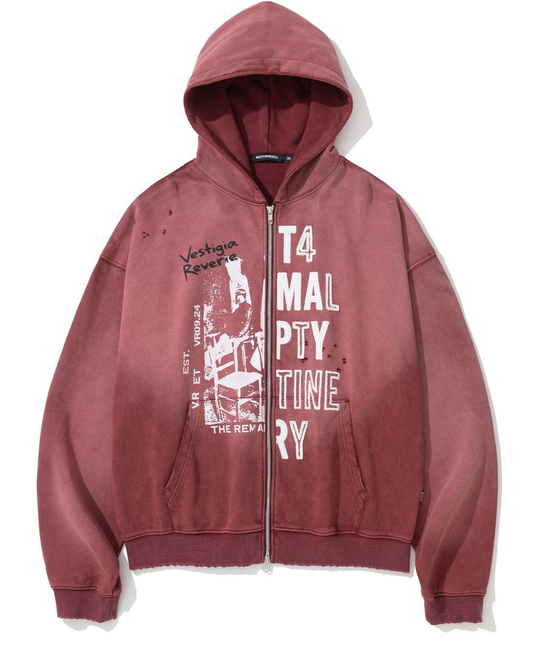 Distressed Half Slogans Hood Zip Up - Red