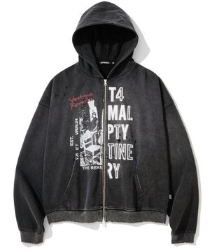 Distressed Half Slogans Hood Zip Up - Black