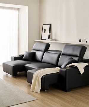 스테이온 헤드틸팅 모션 확장형 슬라이딩 4인용 가죽 리클라이너 소파(홈바형)