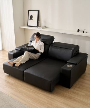 스테이온 헤드틸팅 모션 확장형 슬라이딩 3인용 가죽 리클라이너 소파(홈바형)
