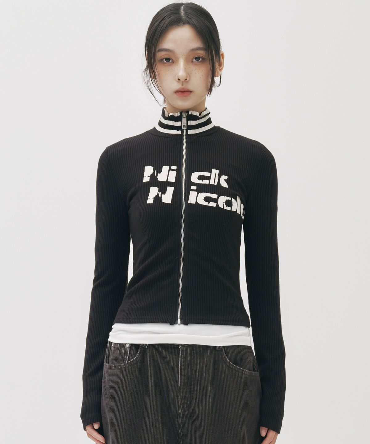 닉앤니콜(NICK&NICOLE) NICOLE SLIM RIBBED KNIT ZIP UP_BLACK