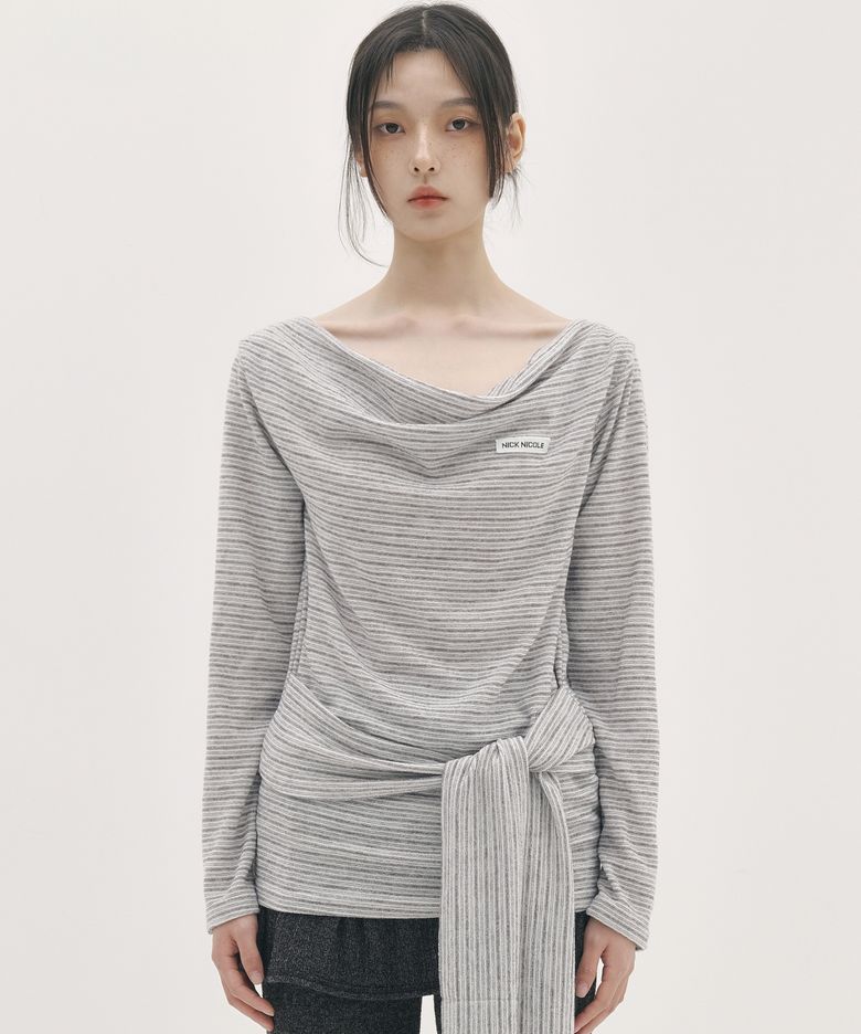 DRAPE WRAP LONG SLEEVE TOP_GRAY