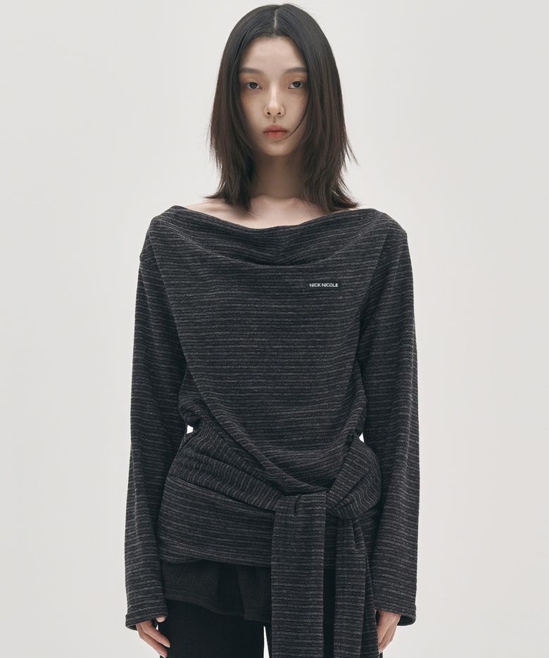 DRAPE WRAP LONG SLEEVE TOP_CHARCOAL