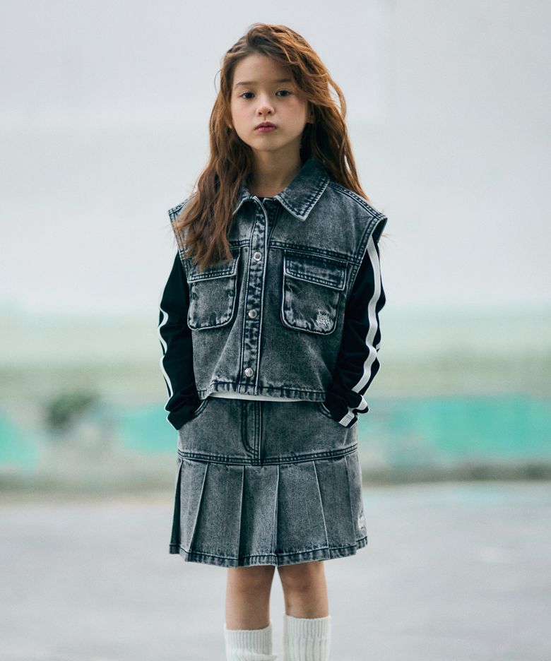 KIDS GIRL DENIM PLEATS SKIRTS - DARK GREY