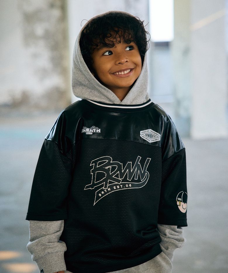 KIDS BRWN LAYERD JERSEY HOODIE - BLACK