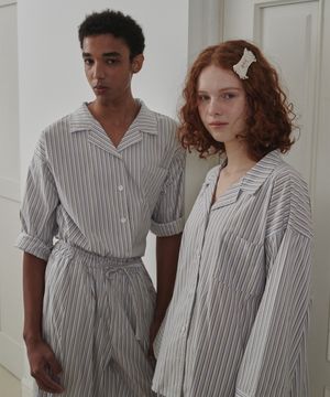 (uni)도미토리 투톤 스트라이프 파자마 블루브라운