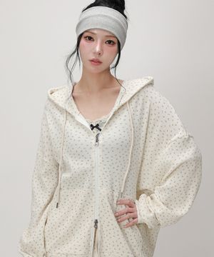 프릴 플라워 와플 후드 오버핏 집업_오트밀