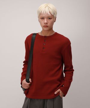 베이직 헨리넥 와플 롱슬리브_버건디