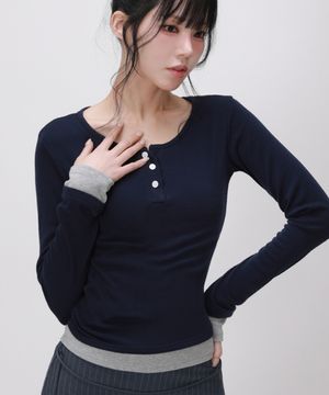 레이어드 헨리넥 슬림 롱슬리브 탑_네이비