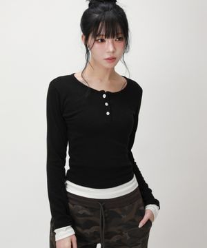 레이어드 헨리넥 슬림 롱슬리브 탑_블랙