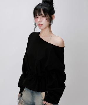 오프숄더 스트링 스웻 탑_블랙