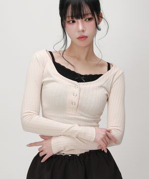 리브 헨리넥 슬림 롱슬리브 탑_라이트베이지