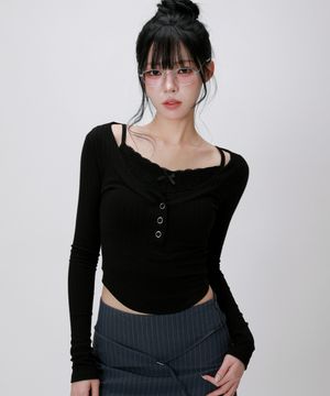 리브 헨리넥 슬림 롱슬리브 탑_블랙