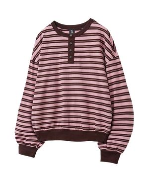 스트라이프 헨리넥 오버핏 롱슬리브 맨투맨_핑크