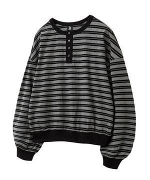 스트라이프 헨리넥 오버핏 롱슬리브 맨투맨_차콜