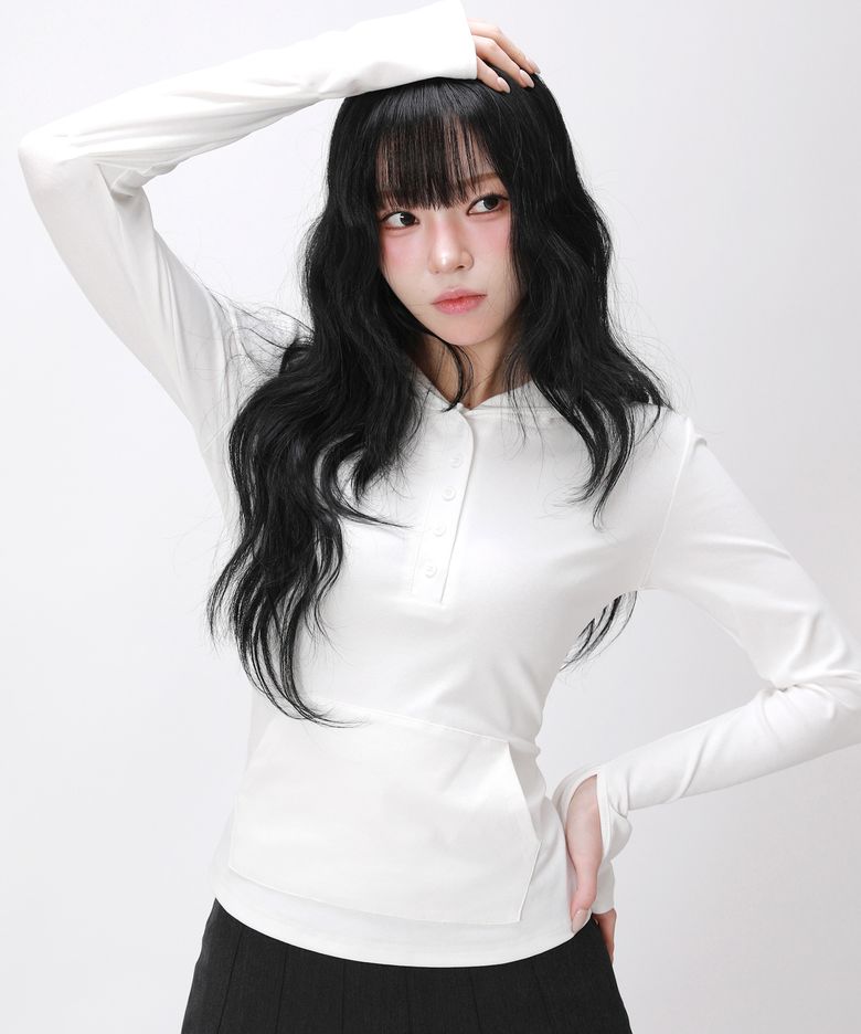 핑거홀 후드 헨리넥 슬림 티셔츠_화이트