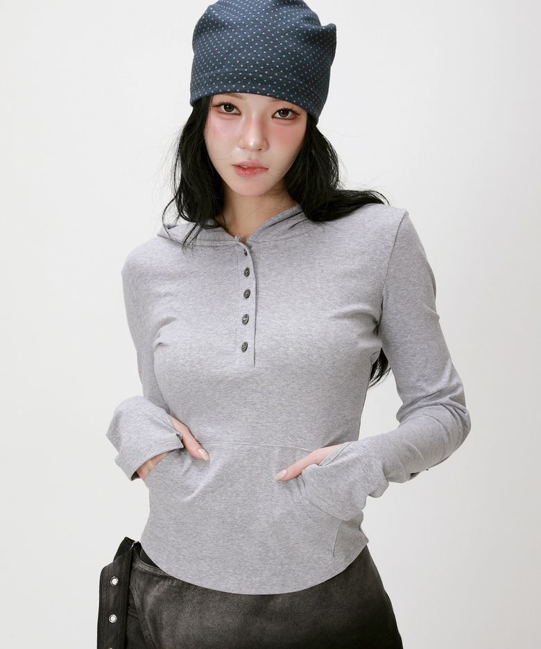 핑거홀 후드 헨리넥 슬림 티셔츠_그레이