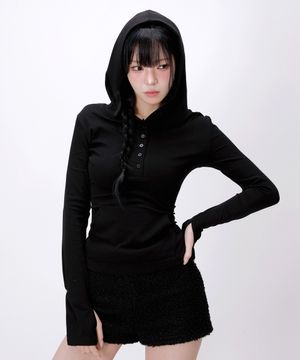 핑거홀 후드 헨리넥 슬림 티셔츠_블랙
