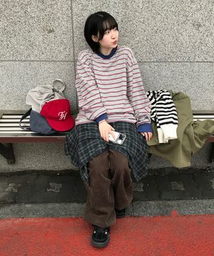 스트라이프 마린 코튼 롱 슬리브 (그레이/레드)