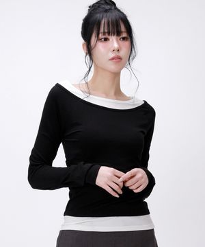 셔링 포인트 오프 레이어드 티셔츠_화이트블랙