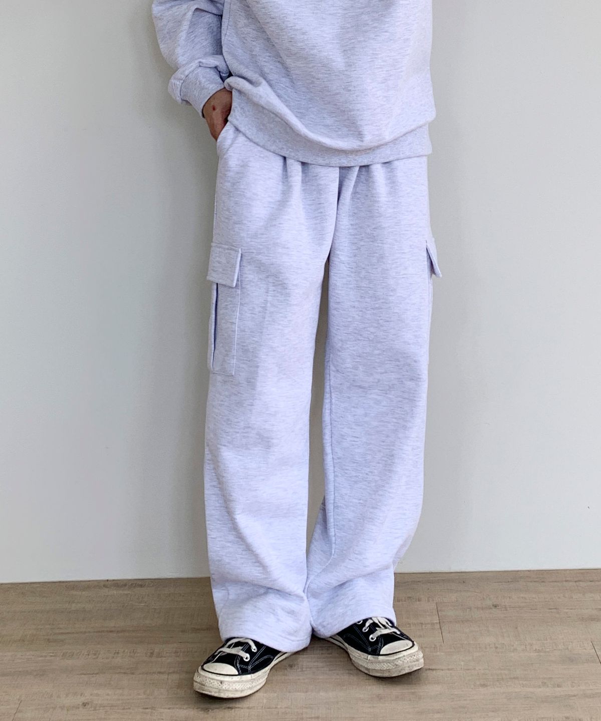 락트개러지(ROCKED GARAGE) UNISEX 기모 트레이닝 와이드 카고 팬츠_백멜란지