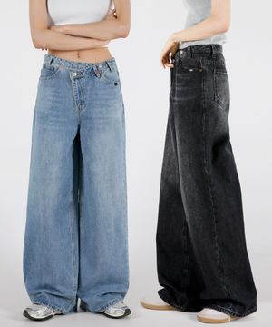 여자 2단기장 언발투버튼 와이드데님팬츠 2COLOR