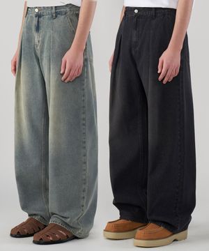 빈티지 프론트 워싱 리버스 원턱 와이드 데님팬츠 2Color