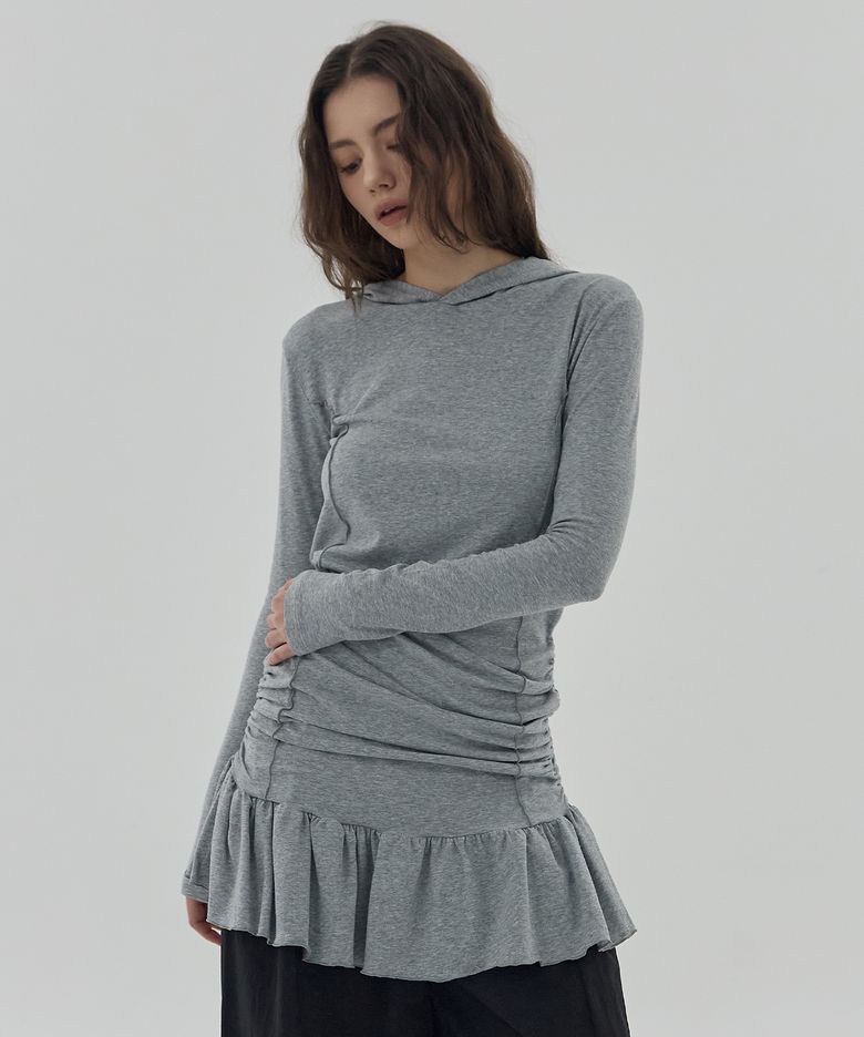 AQUA SHIRRING HOODED DRESS - GREY