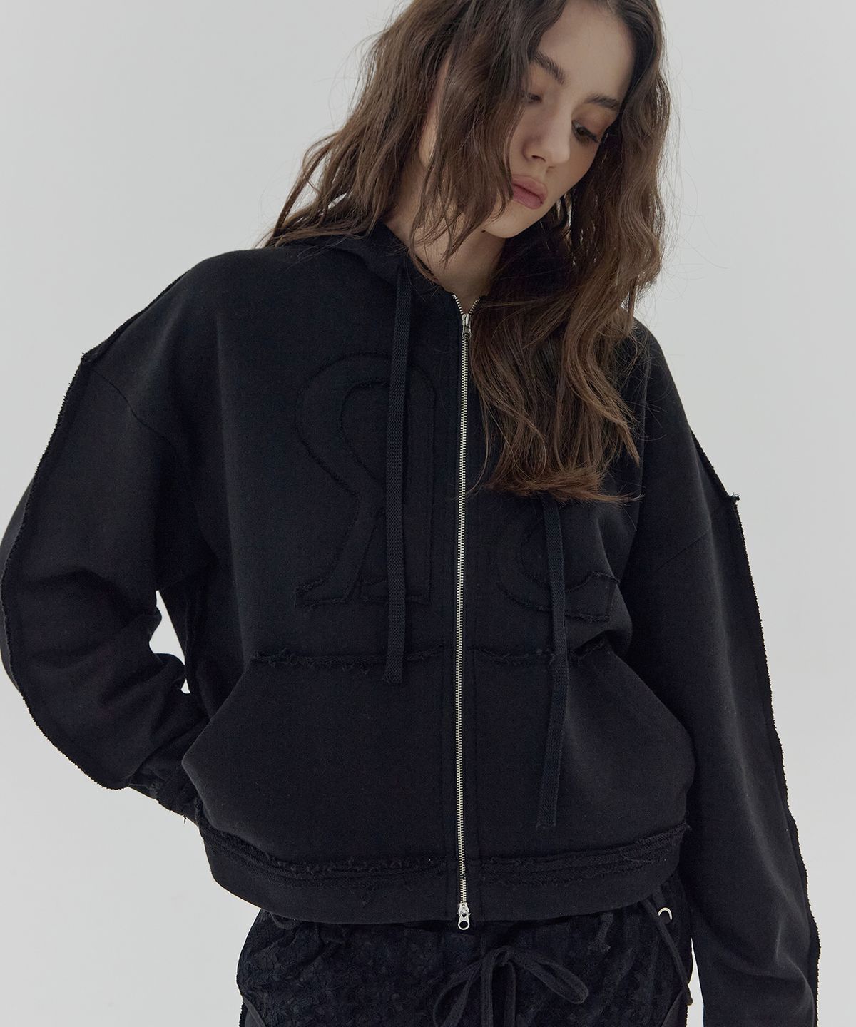 디어스토커(DEARSTALKER) RS LOGO ROUGH HOODIE ZIP-UP - BLACK