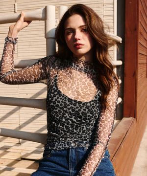 Sheer Leopard High Neck T-shirt Black